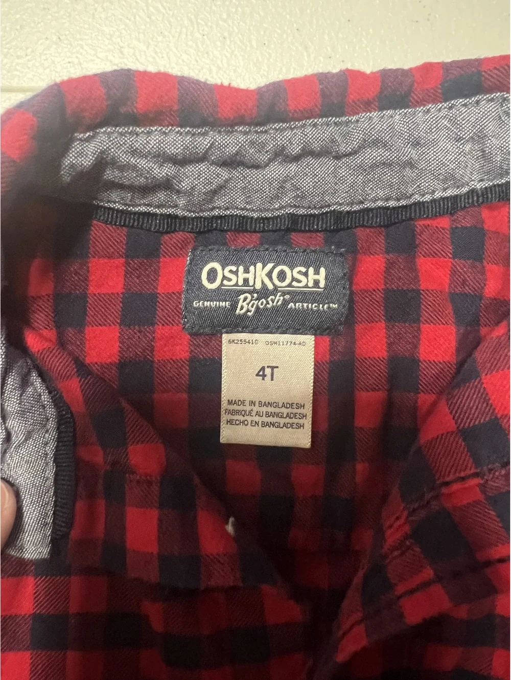 Oshkosh B'Gosh 100% Cotton Boys Toddler 4T Red Black Plaid Checkered Flannel